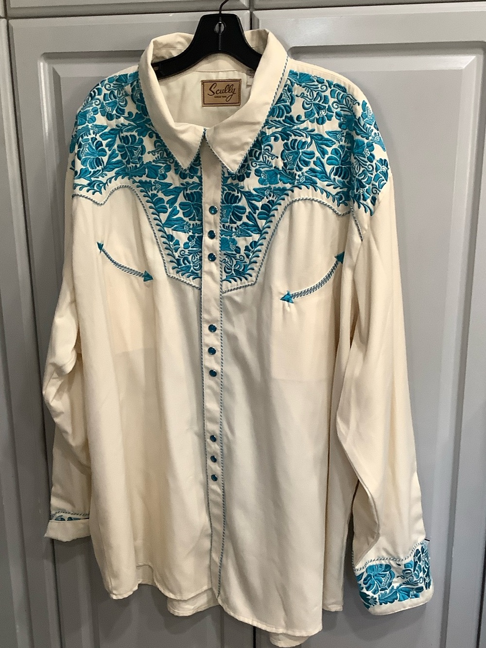 Scully Men’s Southwestern Teal Floral Embroidery Pearl Snap Shirt 4X - Picture 1 of 13